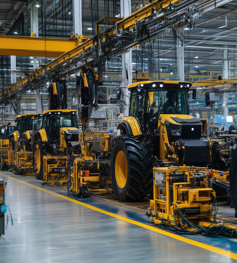 A factory with many yellow tractors on a conveyor belt. The tractors are being assembled and are in various stages of completion. Scene is one of productivity and efficiency